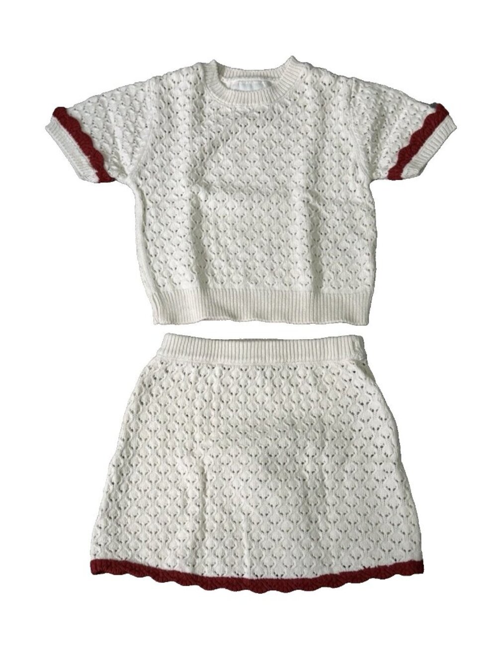 Zara Knit Girls 6-7 Cream Sweater Skirt Set Red Trim Matching Outfit NWOT
